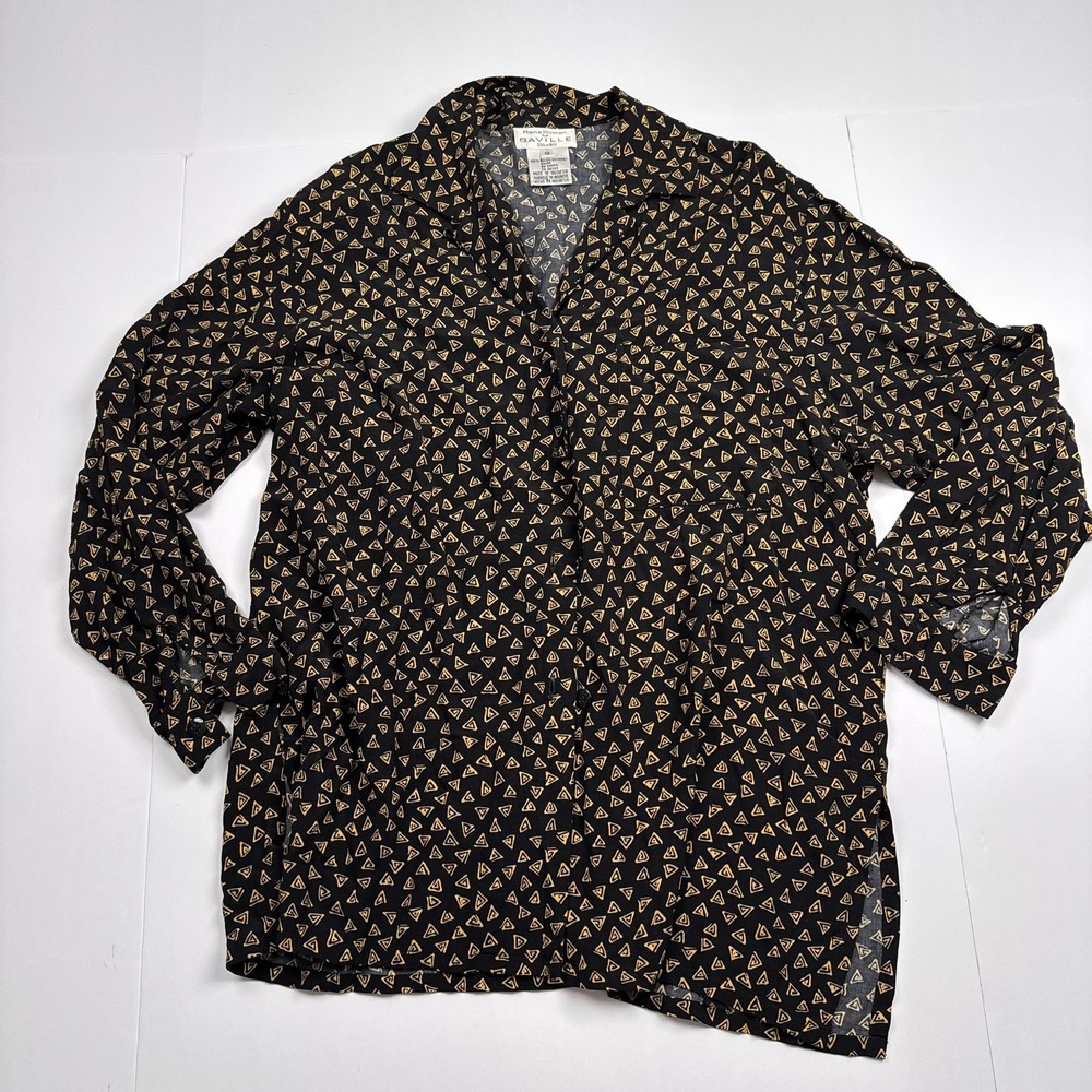 Vintage Rena Rowan Saville Studio Blouse Womens 12 Black Geometric Rayon 90s